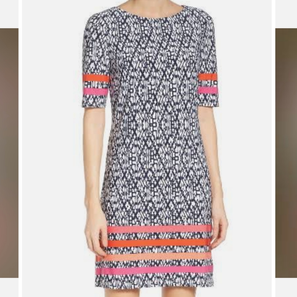 Eliza J dress with navy and colorful stripe detailing - Size 4